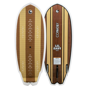 Top and base view of the Lil Easy wakesurf board, displaying the textured deck and woodgrain bottom.