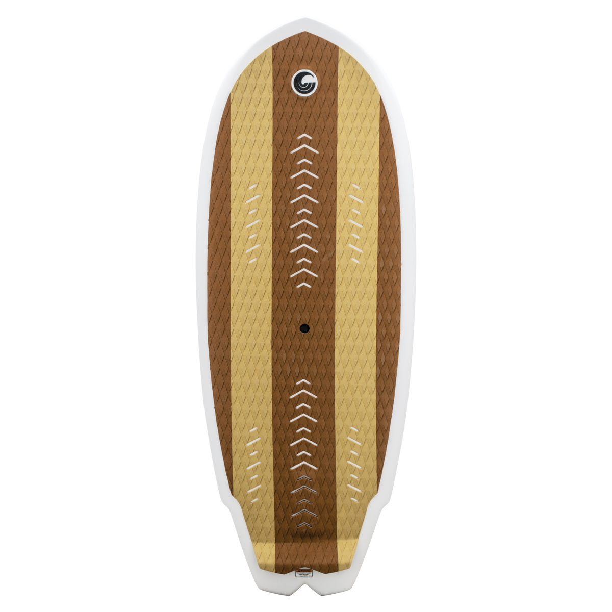Top view of the Lil Easy wakesurf board, featuring a brown and tan textured deck with diamond traction padding.