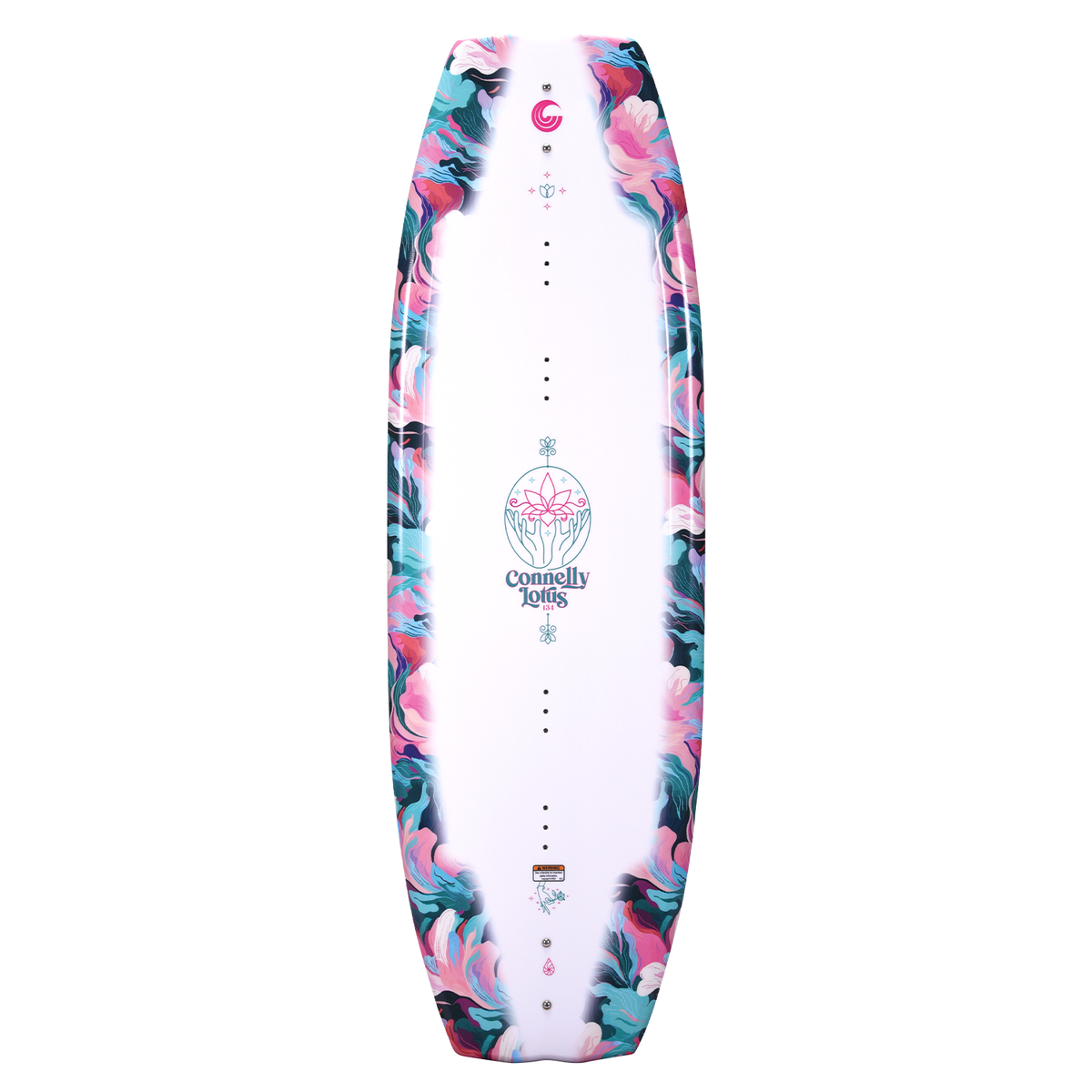 Top view of the Lotus wakeboard, with a white base, marbled border, floral emblem, and centered Connelly Lotus branding.