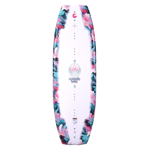 Top view of the Lotus wakeboard, with a white base, marbled border, floral emblem, and centered Connelly Lotus branding.