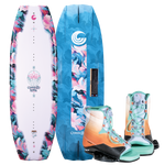 Top and bottom view of the Lotus wakeboard with Karma bindings, with a white and marbled deck, blue base, and pastel-toned boots.