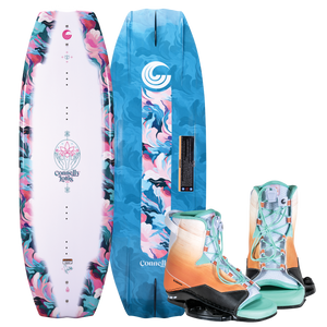 Top and bottom view of the Lotus wakeboard with Karma bindings, with a white and marbled deck, blue base, and pastel-toned boots.