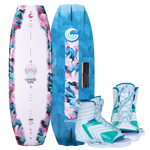 Lotus wakeboard with Optima bindings, featuring a white and marbled deck, blue base, and teal and white open-toe boots.
