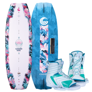Lotus wakeboard with Optima bindings, featuring a white and marbled deck, blue base, and teal and white open-toe boots.