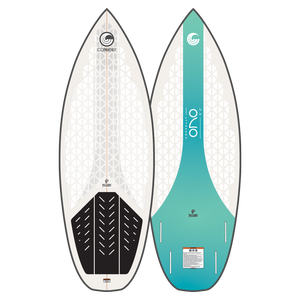 Side-by-side view of Connelly Ono wakesurfer, displaying top and base graphics in teal and white.