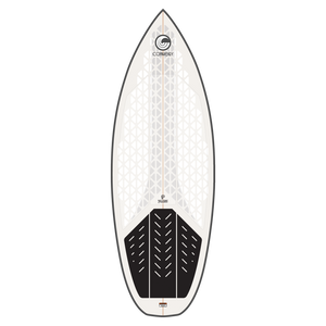 Connelly Ono wakesurf board top view with a gray, black, and white design and durable traction surface.