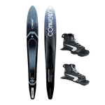 The Outlaw slalom ski displayed with Double Shadow bindings, showcasing a sleek black design with silver details.