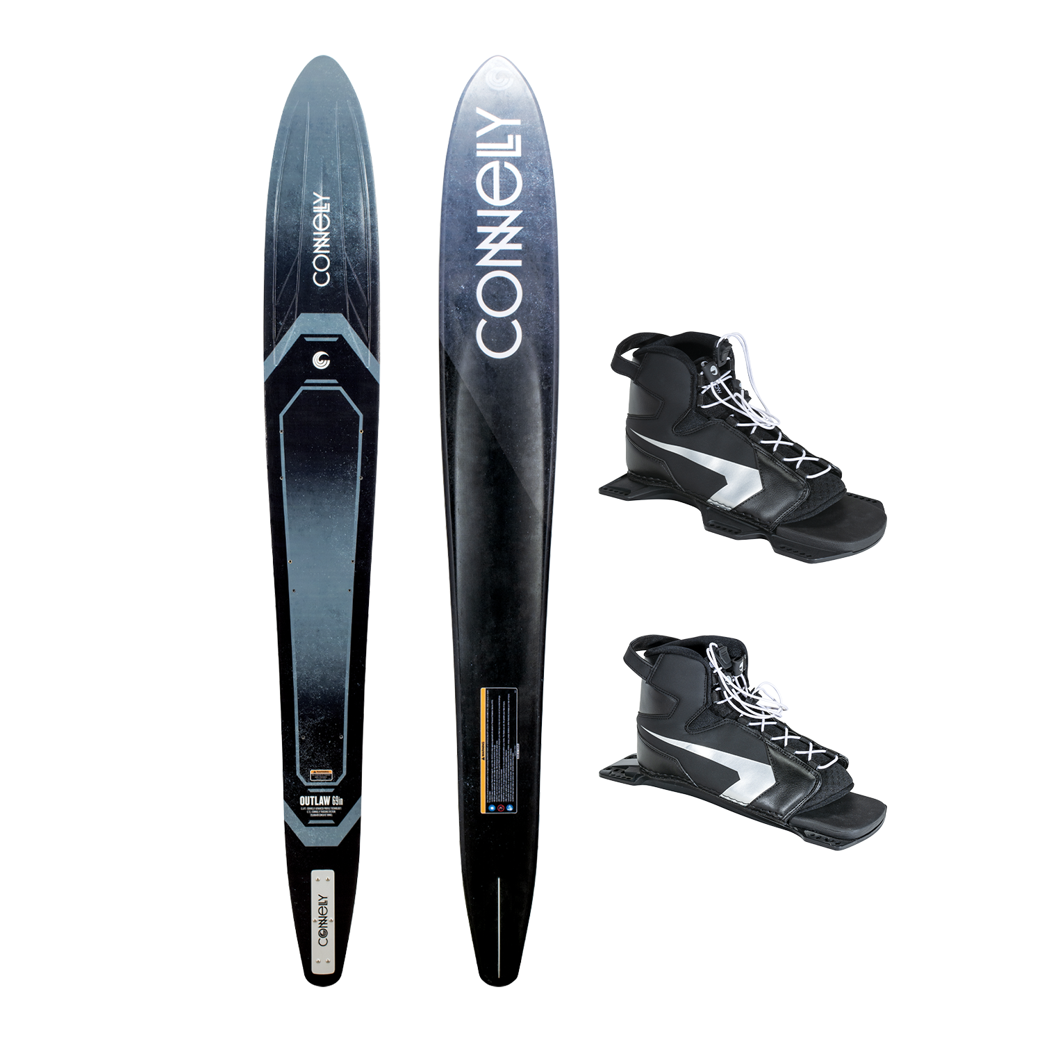 The Outlaw slalom ski displayed with Double Shadow bindings, showcasing a sleek black design with silver details.