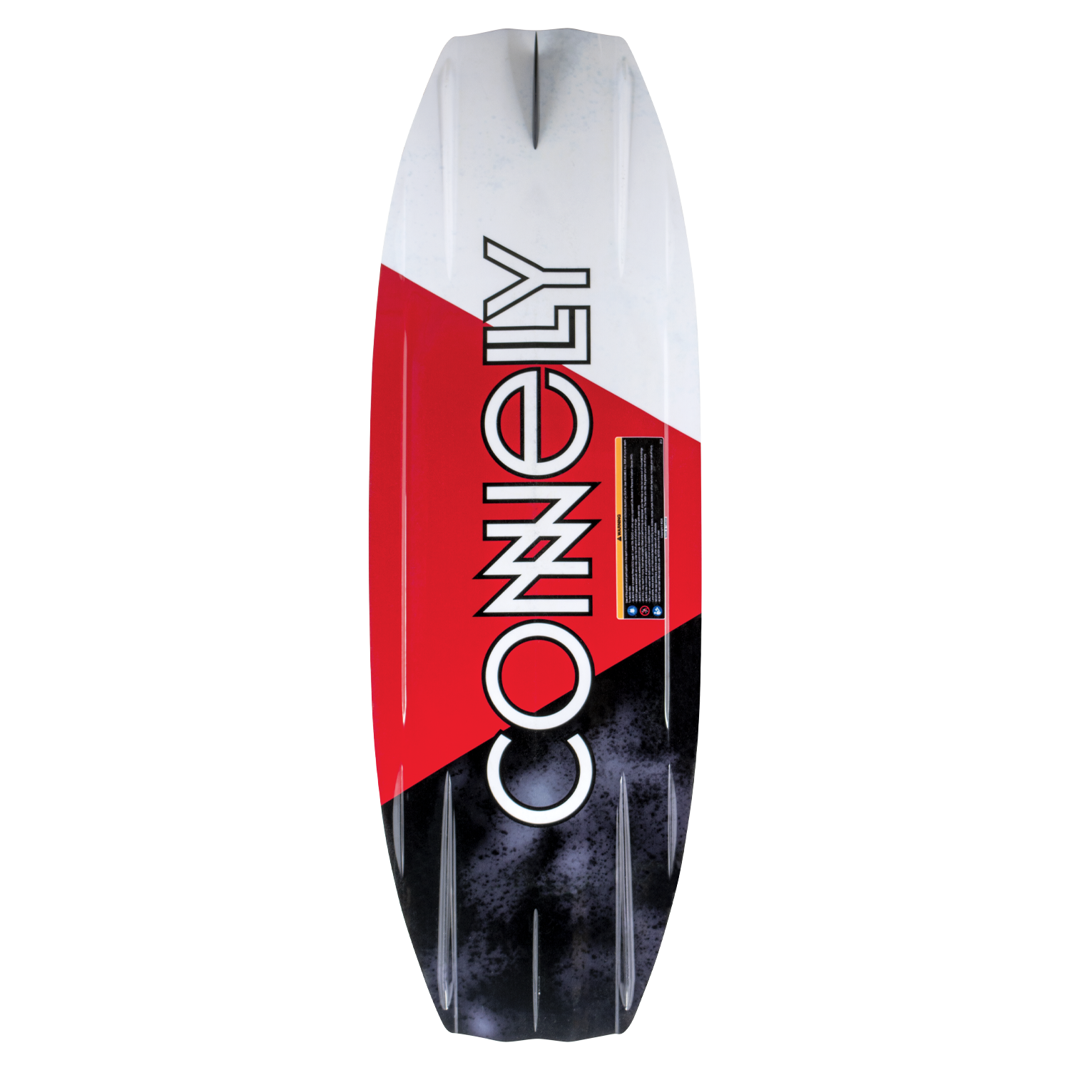 Base view of the PURE wakeboard, showing a bold red, black, and white design with large Connelly branding.