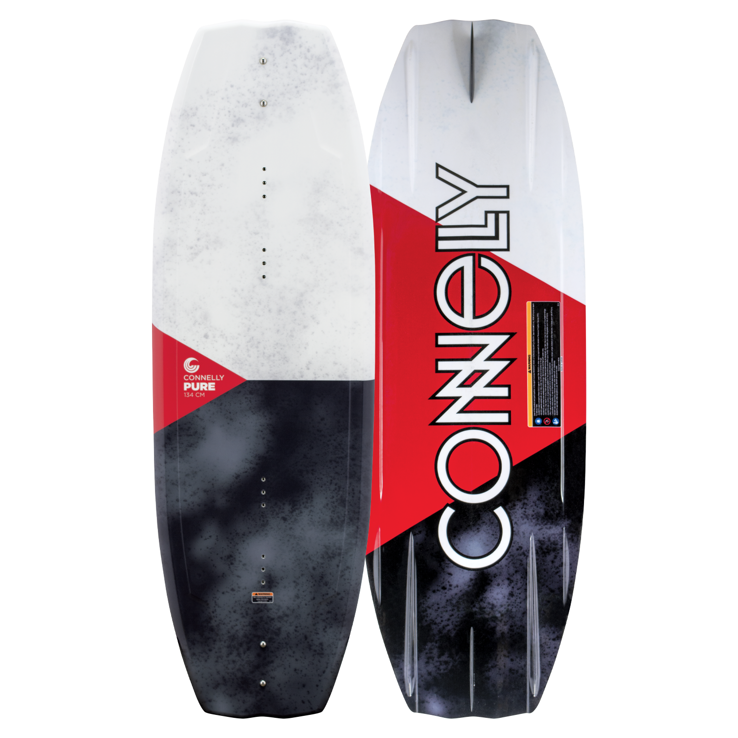 Side-by-side view of the PURE wakeboard’s top and base, highlighting its contrasting white, black, and red designs.