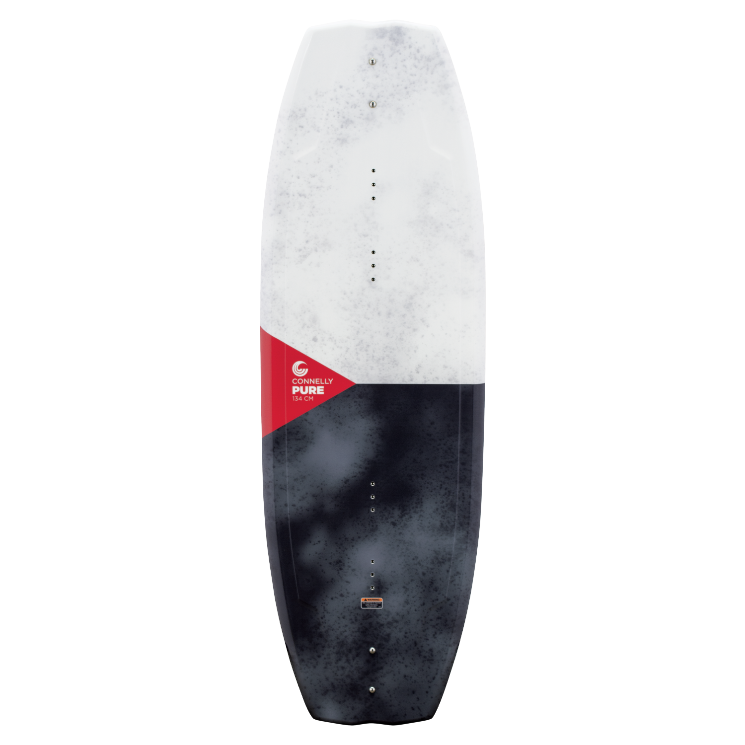 Top view of the PURE wakeboard, featuring a white and black marbled design with a red accent and branding.