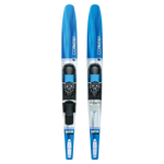 Front view of the Quantum combo water skis, featuring a blue and white design with adjustable bindings and a stabilizer bar.