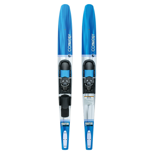Front view of the Quantum combo water skis, featuring a blue and white design with adjustable bindings and a stabilizer bar.