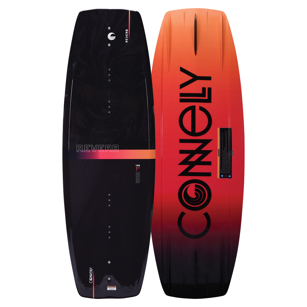 Top and base of the Reverb wakeboard, featuring a black top with orange gradient accents and a bold logo on the base.