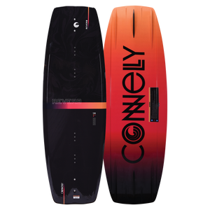 Top and base of the Reverb wakeboard, featuring a black top with orange gradient accents and a bold logo on the base.