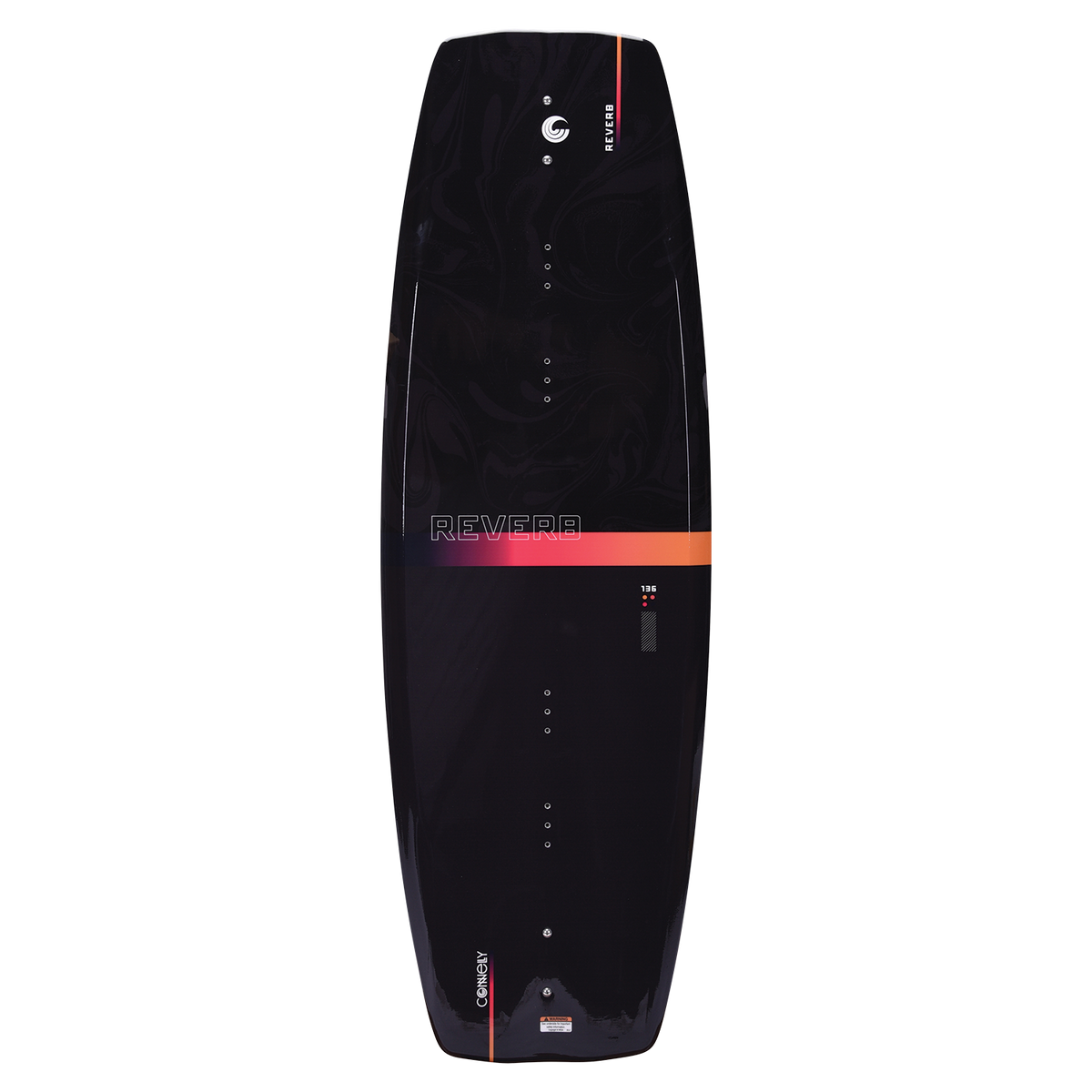 Top of the Reverb wakeboard in glossy black with subtle swirl patterns and an orange gradient stripe near the tail.