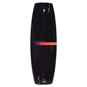 Top of the Reverb wakeboard in glossy black with subtle swirl patterns and an orange gradient stripe near the tail.