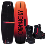 Reverb wakeboard with Faction bindings, black top with orange gradient, bold logo on base, and black-red bindings.