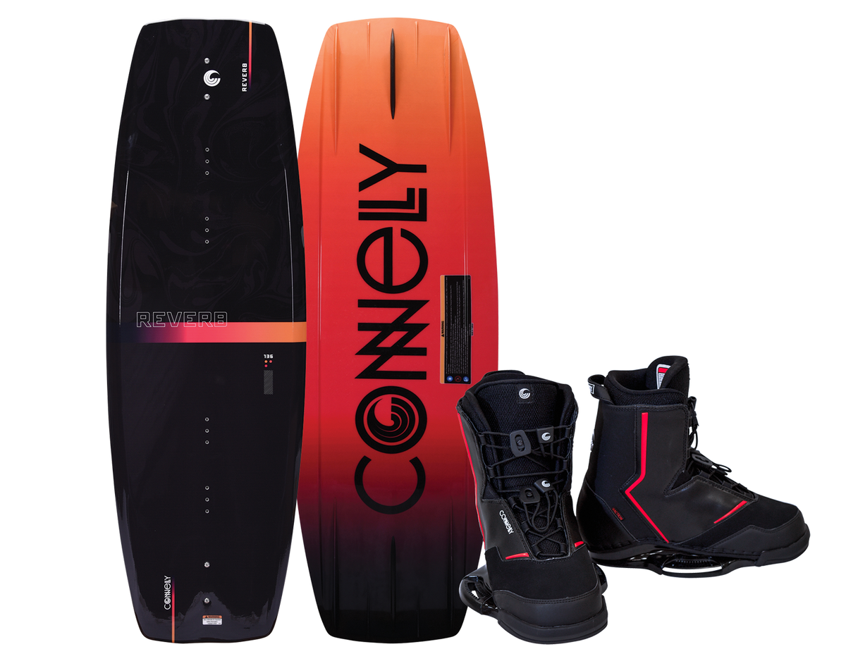 Reverb wakeboard with Faction bindings, black top with orange gradient, bold logo on base, and black-red bindings.