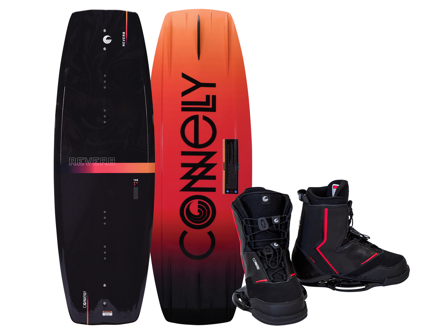 Reverb wakeboard with Faction bindings, black top with orange gradient, bold logo on base, and black-red bindings.