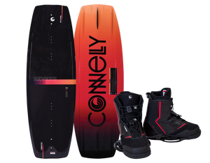 Reverb wakeboard with Faction bindings, black top with orange gradient, bold logo on base, and black-red bindings.