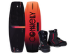 Reverb wakeboard with Faction bindings, black top with orange gradient, bold logo on base, and black-red bindings.