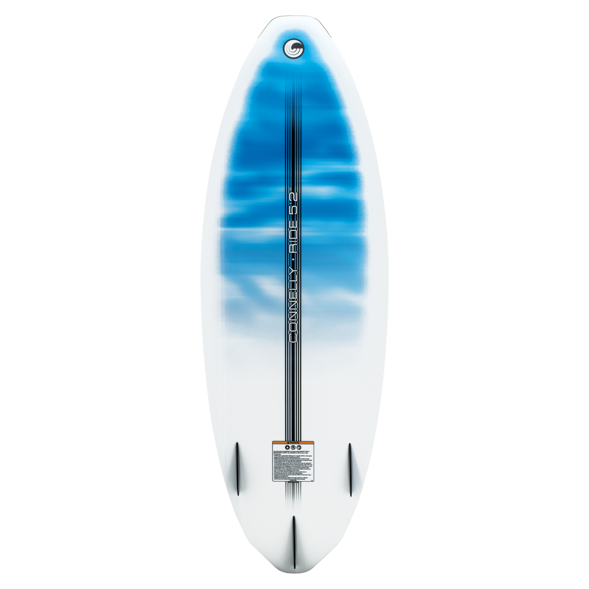 Bottom of the Ride wakesurf board with a white-to-blue gradient, black stripes, and four fin slots for stability.