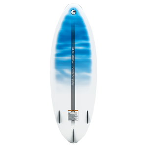 Bottom of the Ride wakesurf board with a white-to-blue gradient, black stripes, and four fin slots for stability.