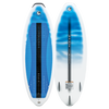 Ride wakesurf board showing both top and base, with a white and blue gradient design, black traction pad, and quad fins.