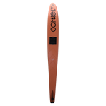 Base view of Rocket with a bold orange finish, branding, and an optimized ski bottom for enhanced tracking and stability.