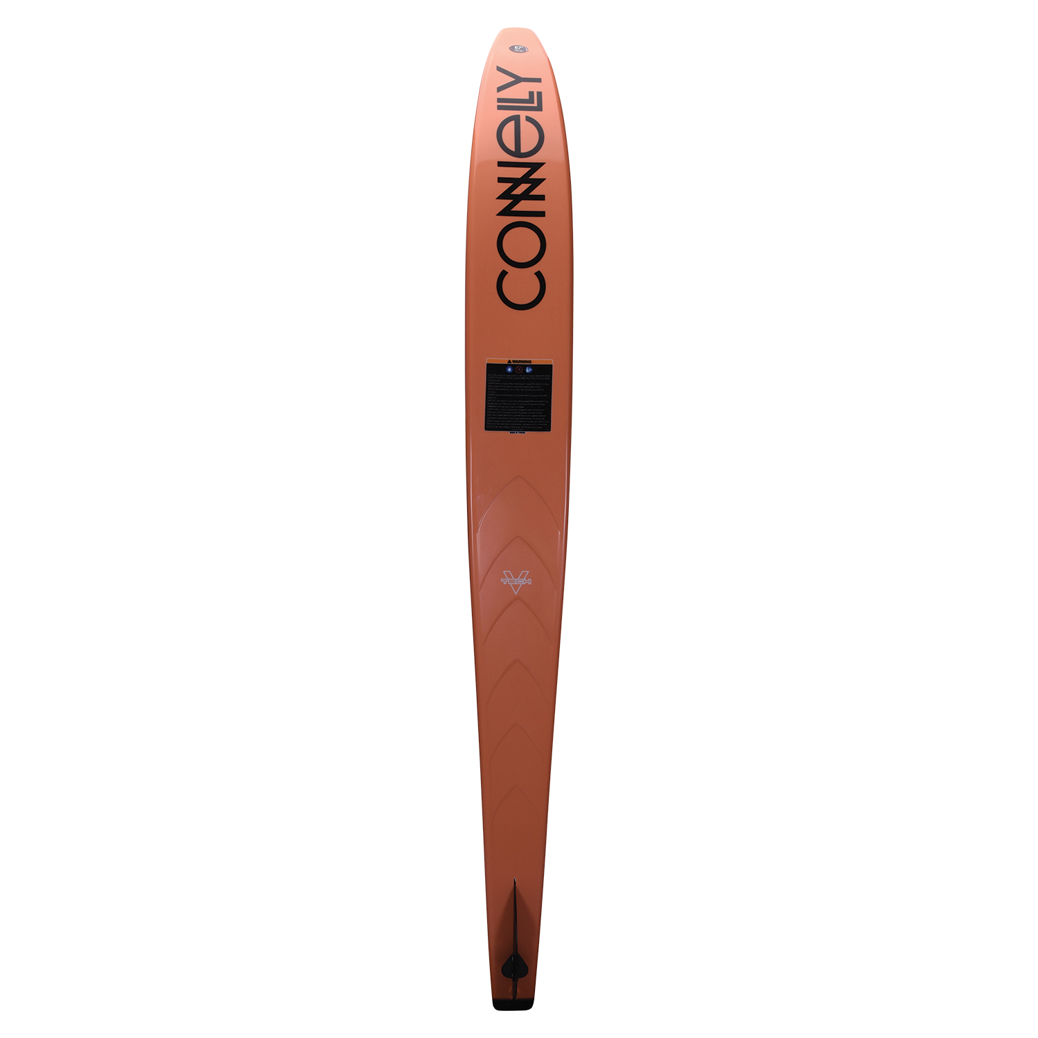 Base view of Rocket with a bold orange finish, branding, and an optimized ski bottom for enhanced tracking and stability.
