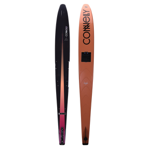 Top and base of Rocket water ski, featuring a sharp black-to-orange gradient finish with a logo and a tapered profile.