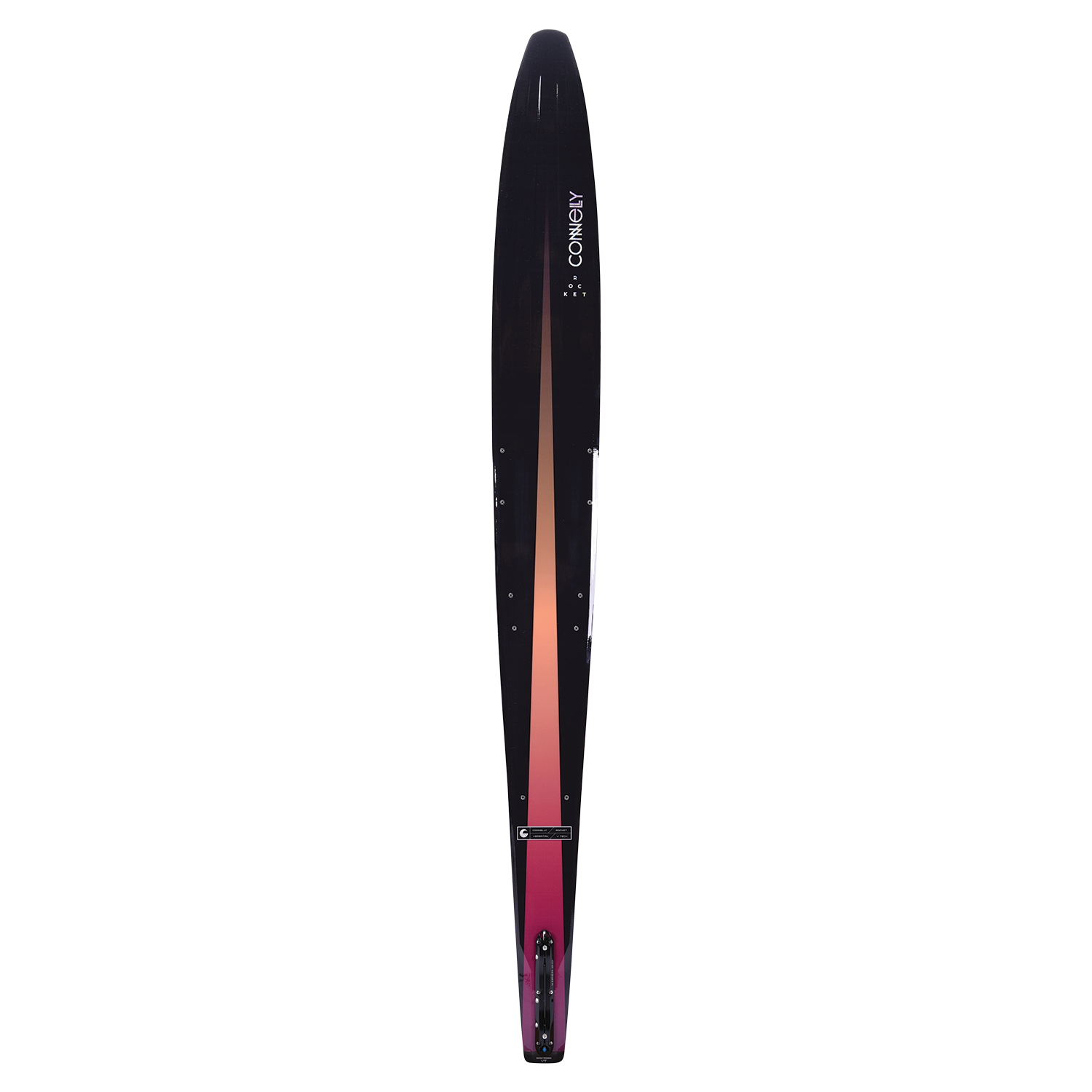 Top view of Rocket ski with a sleek black-to-orange gradient design, precision placement inserts, and streamlined shape.