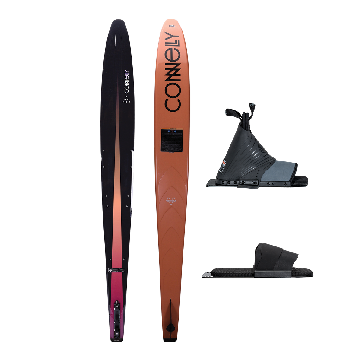 Top and base view of the Rocket ski with a black-to-orange gradient design, paired with a Comp front boot and Pivot RTP.