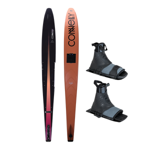 Rocket water ski with Double Comp Boots, featuring a sleek black-to-orange gradient design and durable adjustable bindings.