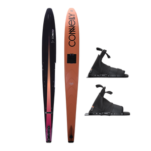 Rocket water ski with Double Stoker Boots, featuring a sleek black-to-orange gradient design and durable black bindings.