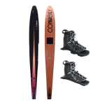 Top and base view of the Rocket ski with a black-to-orange gradient and bold lettering, paired with black Tempest boots.