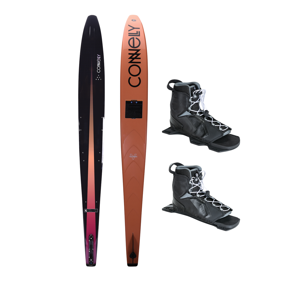 Top and base view of the Rocket ski with a black-to-orange gradient and bold lettering, paired with black Tempest boots.
