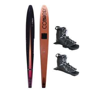 Top and base view of the Rocket ski with a black-to-orange gradient and bold lettering, paired with black Tempest boots.