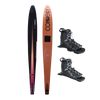 Top and base view of the Rocket ski with a black-to-orange gradient and bold lettering, paired with black Tempest boots.