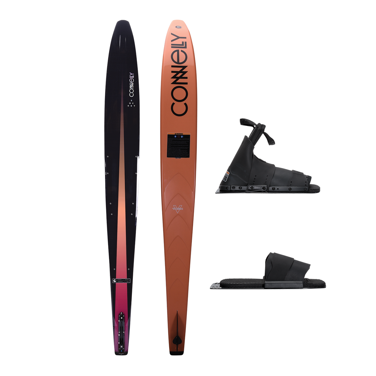 Top and base view of the Rocket ski with a black-to-orange gradient design, paired with a Stoker front boot and Pivot RTP.