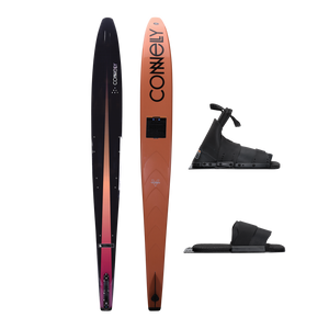 Top and base view of the Rocket ski with a black-to-orange gradient design, paired with a Stoker front boot and Pivot RTP.