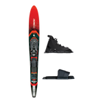 Shortline ski with Swerve Front Boot and Swerve RTP, with a red-to-black gradient design, shown with side views of boots.