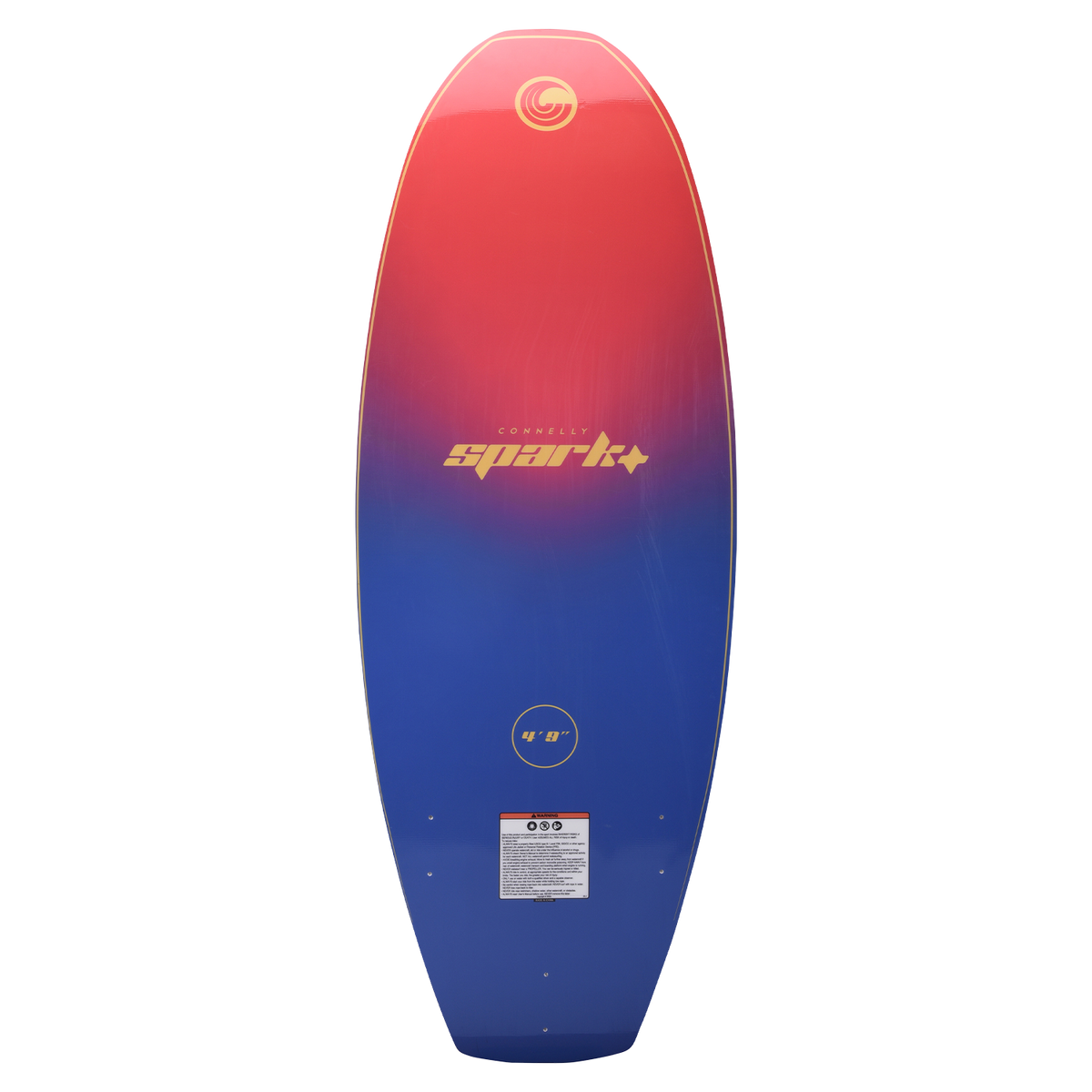 Base view of the SPARK wakesurf board with a red-to-blue gradient design, gold branding, and size marking.