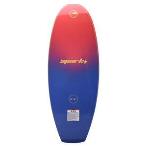 Base view of the SPARK wakesurf board with a red-to-blue gradient design, gold branding, and size marking.