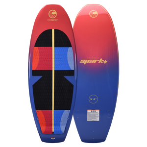 SPARK wakesurf board shown front and base view, featuring a red-to-blue gradient, black traction pad, and gold branding.
