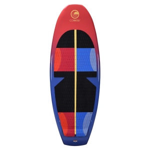 Top view of the SPARK wakesurf board with a red-to-blue gradient, black traction pad, and geometric accents.