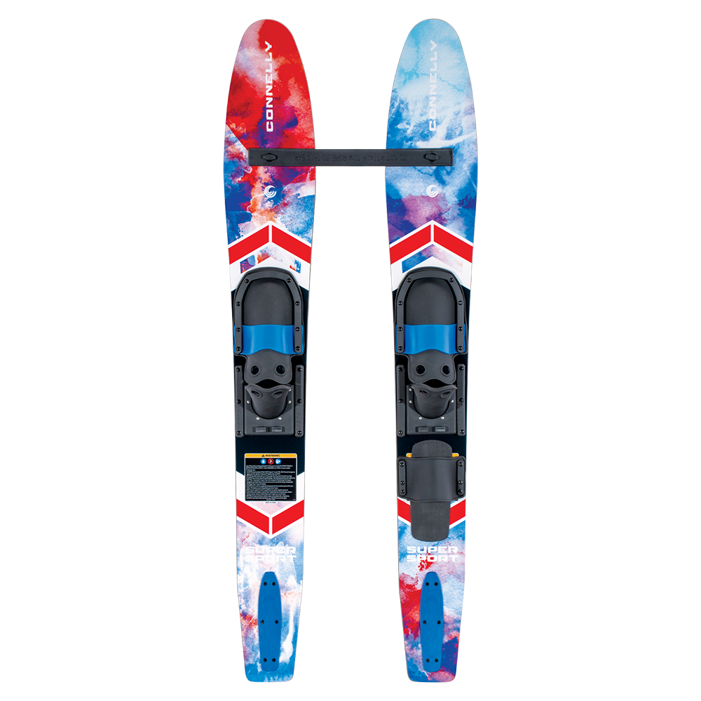 Top view of the Super Sport combo water skis with a red, white, and blue design, adjustable bindings, and a stabilizer bar.