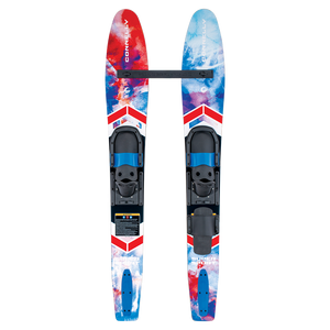 Top view of the Super Sport combo water skis with a red, white, and blue design, adjustable bindings, and a stabilizer bar.