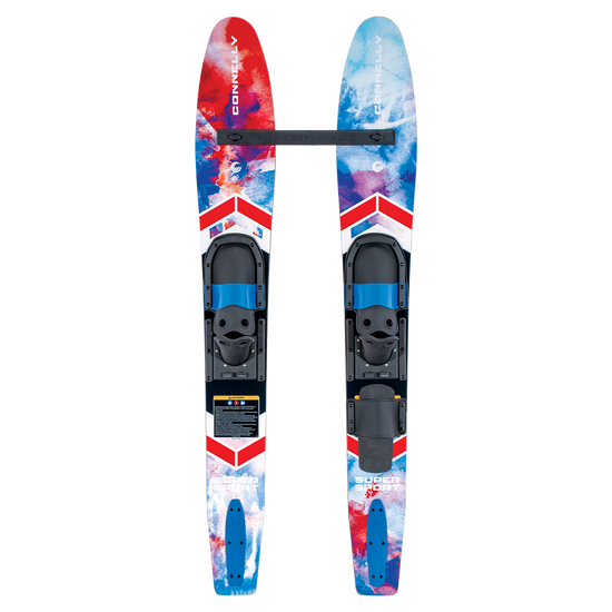 Top view of the Super Sport combo water skis with a red, white, and blue design, adjustable bindings, and a stabilizer bar.